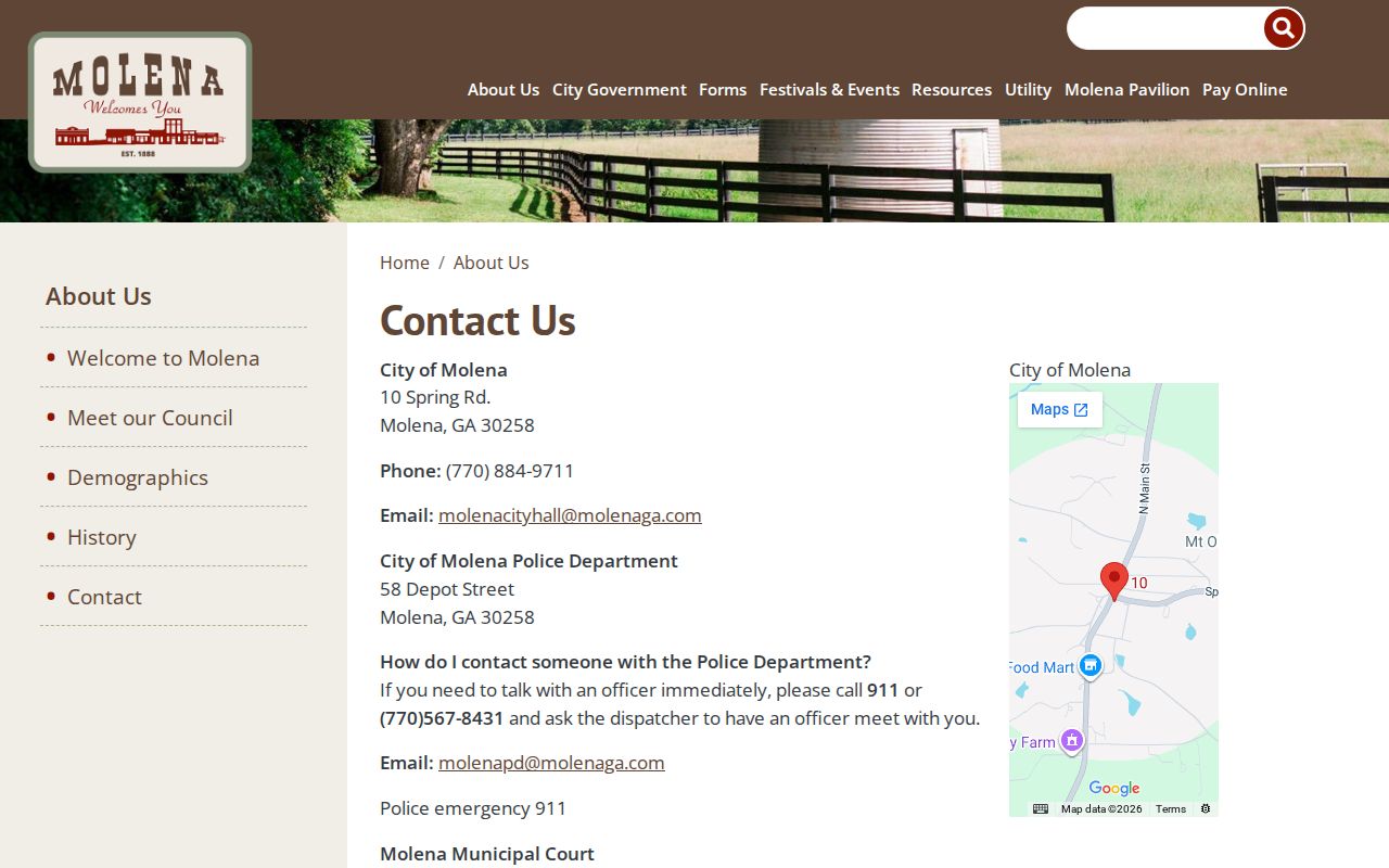 Official Molena Police contact page for Pike County arrest-record requests