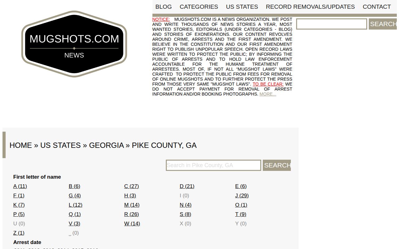 Unofficial stale Mugshots.com Pike County archive page