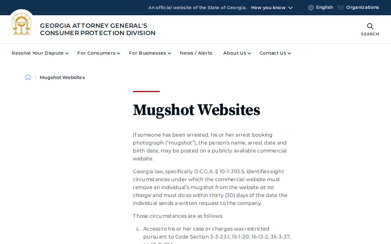 Georgia Consumer Protection official mugshot publication guidance for Pike County records