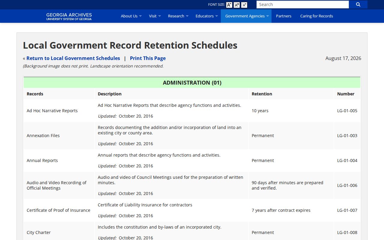 Georgia Archives current local-government retention schedule relevant to Pike County jail records